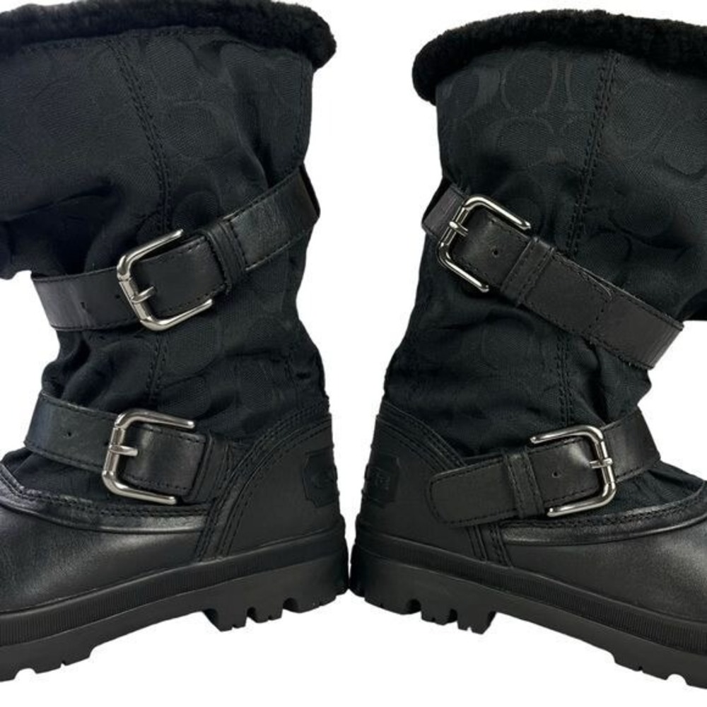 Coach Holiway Black Buckle Winter Boots Size 7 Sherpa Lined Y2K Chic Fleece Moto - Picture 6 of 10